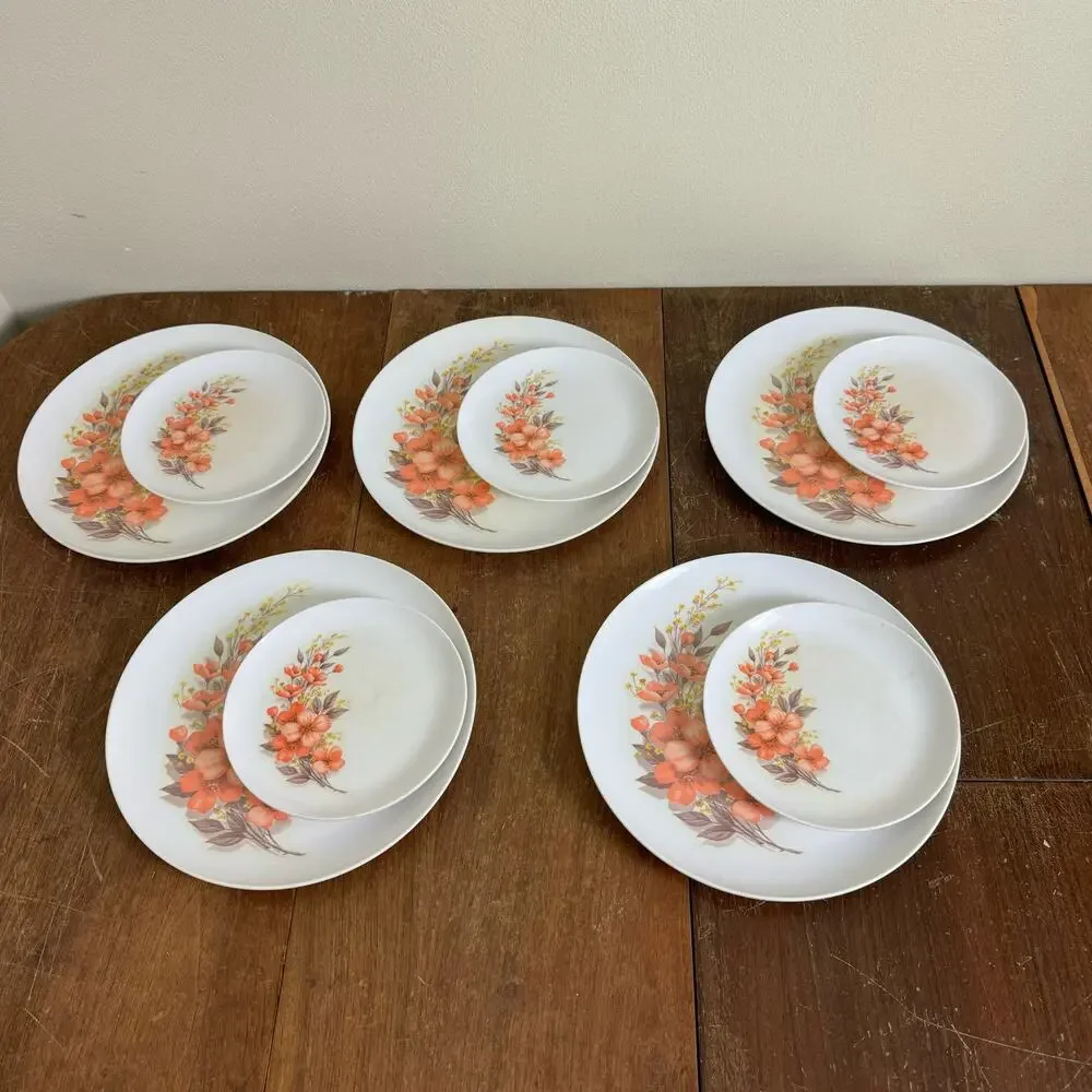 Mar-Crest Melmac VINTAGE peach floral dinner & bread 5 place setting‎